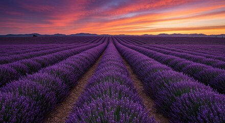 Obraz premium Beautiful lavender field glowing with unique vibrant colors at sunset, golden light casting warm tones across the flowers