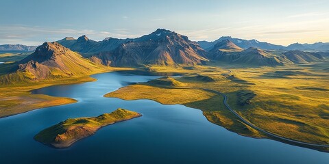 Fototapeta premium Aerial view of a serene lake surrounded by golden hills and rugged mountains under a clear blue sky
