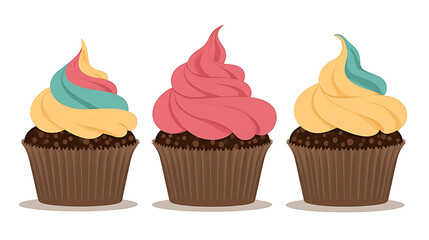 Three chocolate cupcakes with colorful swirled frosting, vibrant dessert illustration isolated on white background
