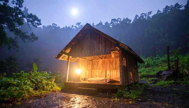 Secluded cabin glowing at night - Powered by Adobe