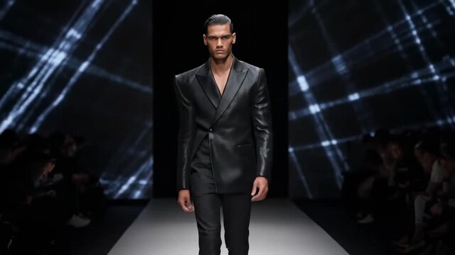 Male Model in Black Leather Suit on Runway - A handsome male model walks the runway showcasing a stylish black leather suit. Dramatic lighting and a modern backdrop create a high-fashion atmosphere.
