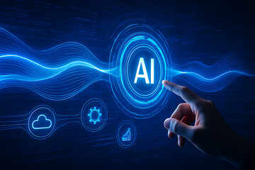 a hand pointing to a glowing ai icon in a futuristic digital interface, symbolizing the integration of artificial intelligence into modern business solutions