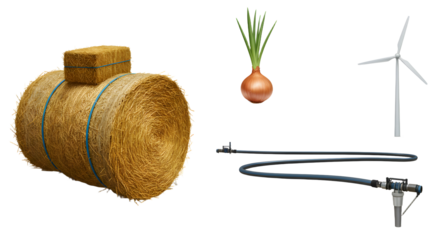 FARMING - Round hay bale, onion, wind turbine blade, and irrigation sprinkler isolated on white background, agricultural equipment and farming supplies