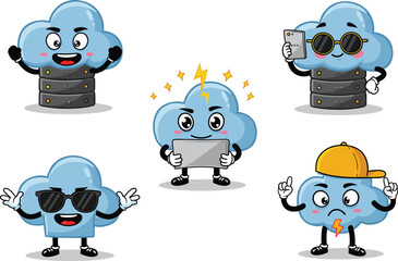 Cartoon cloud characters with technology devices, server stacks, lightning bolts, sunglasses, digital services, mobile access, innovation, energy, computing