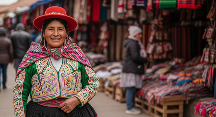 Fototapeta premium Authentic Peruvian woman smiling at market, showcasing traditional colorful textile clothing and cultural heritage