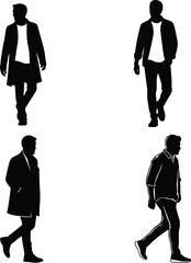 Silhouette, walking, men, black, vector, isolated, fashion, casual, formal, posture, movement, urban, style, people, male, figure, design, illustration, graphic, art