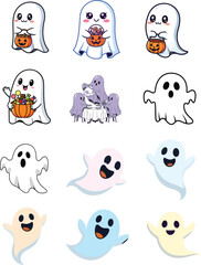 Collection of cute and playful cartoon ghosts in various poses and expressions for halloween celebrations