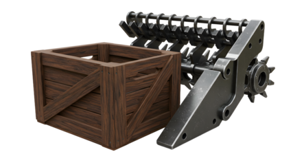 FARMING - Rustic wooden crate with metal mechanical gear part isolated on white background, industrial and vintage objects, perfect for engineering or storage visuals