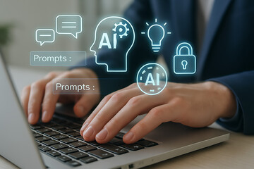 A person is typing on a laptop with an AI chat interface and a brain and lightbulb icon with a security lock, concept of artificial intelligence