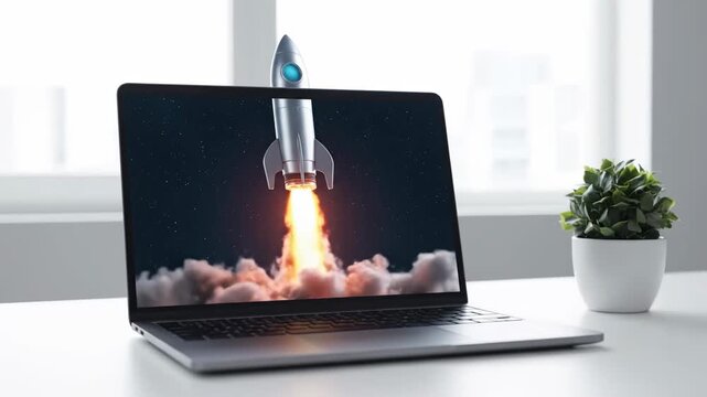 Rocket Launching from Laptop Screen - A silver rocket launches from a laptop screen, symbolizing business growth and success.