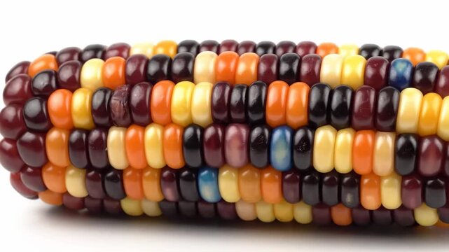 Colorful Indian Corn Close-Up - A close-up shot of an ear of Indian corn showcasing its vibrant kernels in various colors, including red, orange, yellow, purple, and blue.