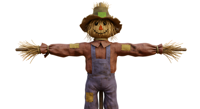 FARMING - Scarecrow with straw hat and patched overalls isolated on white background, autumn decoration perfect for fall and Halloween themes