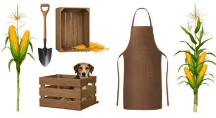 FARMING - Rustic wooden crate with puppy, garden shovel, apron, and two corn stalks isolated on white background, perfect for farming or gardening themes