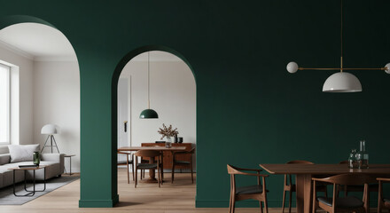 An interior architectural shot focusing on a beautiful arched doorway between a living room and dining room, painted in a bold color, highlighting the classic design feature