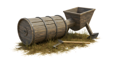FARMING - Rustic wooden hand mill or grain grinder with a scoop on dry grass, traditional farming tool perfect for vintage decor or agricultural themes