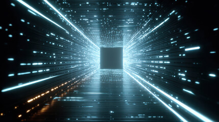 Obraz premium Futuristic glowing data hologram in neon tunnel creates mesmerizing effect