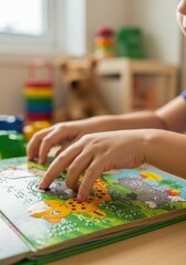 Childs hands exploring a colorful animal-themed childrens book, engaging in tactile learning and reading.