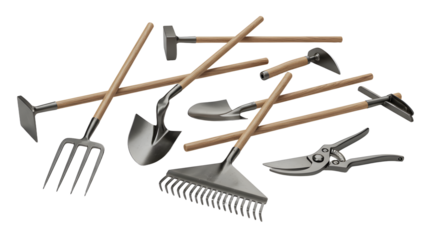 FARMING - Set of various gardening tools including rake, shovel, pitchfork, pruning shears and hoe isolated on white, perfect for garden maintenance and landscaping