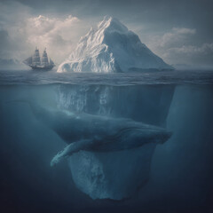 whale swimming beneath a giant iceberg with a tall ship on the surface in arctic waters