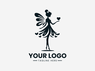 Obraz premium Magical fairy silhouette with decorative wings holding heart vector logo design
