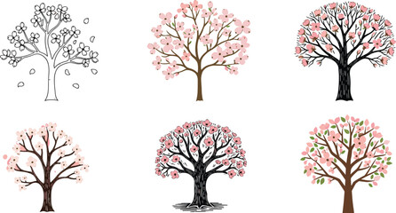 Blossoming tree illustration set, spring floral vector collection, artistic styles of cherry trees, seasonal nature graphics, pink blossom artwork, garden theme