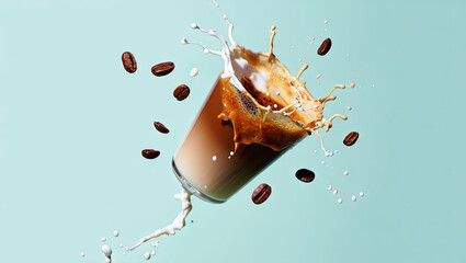 A glass filled with coffee and milk is splashing above a light blue background. Coffee beans scatter around, creating a dynamic and refreshing atmosphere, perfect for a coffee lover's delight