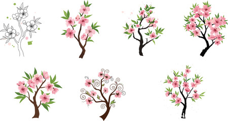 Cherry blossom tree illustration set, pink floral vector, seasonal nature design, spring garden elements, stylized trees, decorative artwork, minimal foliage, Japanese theme