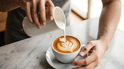 Barista pouring steamed milk into espresso cup to create elegant latte art swirl in warm coffee shop setting