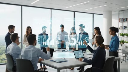 Diverse Business Team ESG Strategy Meeting - A diverse group of business professionals collaborates around a table in a modern office, utilizing holographic technology to review ESG (Environmental, - Powered by Adobe