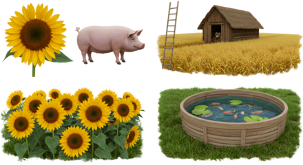 FARMING - Sunflowers, pig, barn, wooden ladder, wheat field, and round pond with lily pads in rural farm setting, perfect for agricultural or countryside themes