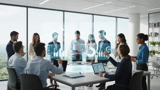 Diverse Business Team ESG Strategy Meeting - A diverse group of business professionals collaborates around a table in a modern office, utilizing holographic technology to review ESG (Environmental, - Powered by Adobe