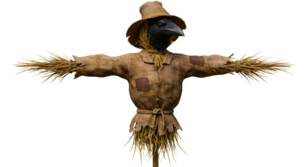 FARMING - Traditional scarecrow wearing a straw hat and old clothes with extended arms, isolated on white background, perfect for autumn and farming themes
