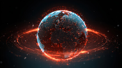 Futuristic glowing neon globe with digital communication elements