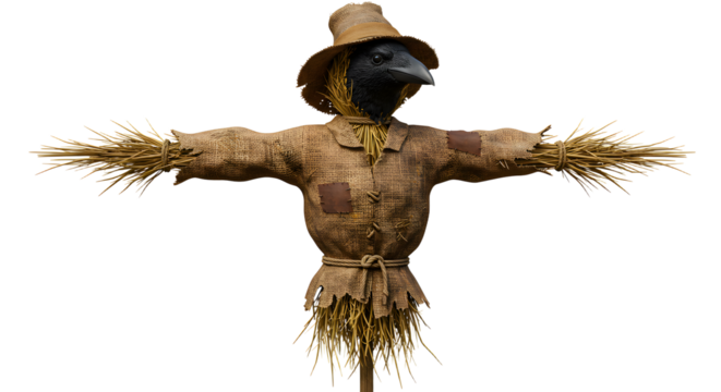 FARMING - Traditional scarecrow wearing a straw hat and old clothes with extended arms, isolated on white background, perfect for autumn and farming themes
