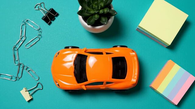 Orange Toy Car Flatlay with Office Supplies - A vibrant flatlay showcasing an orange toy car surrounded by office supplies, including paper clips, sticky notes, and a small succulent plant, all