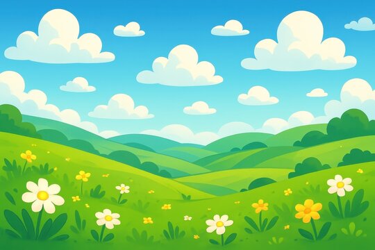 Whimsical cartoon landscape featuring rolling green hills with vibrant blue sky and fluffy white clouds