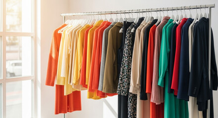 Fototapeta premium Vibrant wardrobe collection displayed on a modern clothing rack, perfect for fashion inspiration