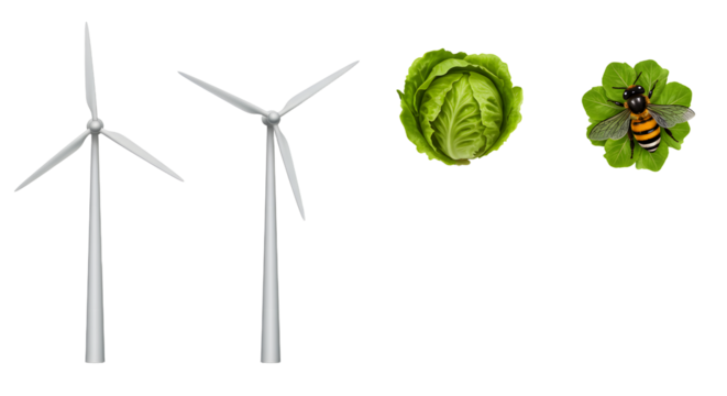 FARMING - Two tall white wind turbines generating renewable energy next to fresh green lettuce with a bee pollinating, symbolizing clean energy and environmental sustainability - Powered by Adobe