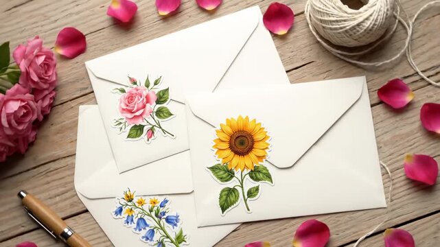 Floral Envelope Stickers Stationery Flat Lay - White envelopes adorned with floral stickers are arranged on a rustic wooden surface, surrounded by rose petals and twine.