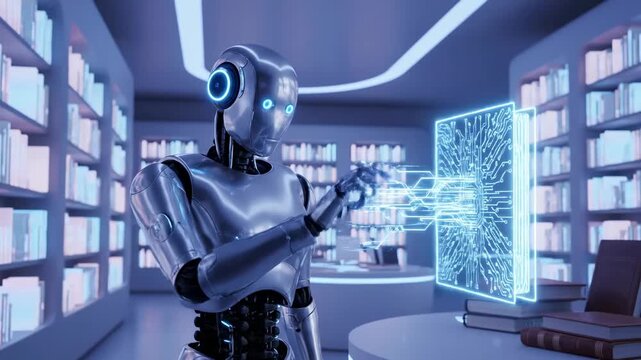Futuristic Robot Interacting with Digital Data in Library - A futuristic robot stands in a modern library, its metallic hand interacting with a holographic projection of a circuit board, representing