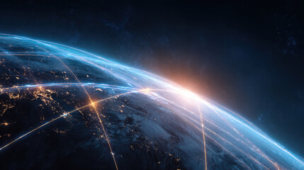 Glowing satellite orbits Earth with neon connections, creating futuristic scene