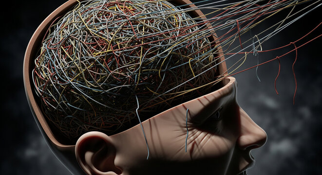 A person's open head reveals a chaotic tangle of wires, representing overthinking, anxiety, and mental confusion.