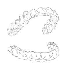 Dental whitening tray for upper and lower teeth illustration drawing in graphic style with black on white background.