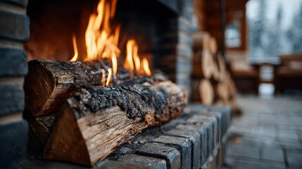 A burning log in a brick fireplace.
