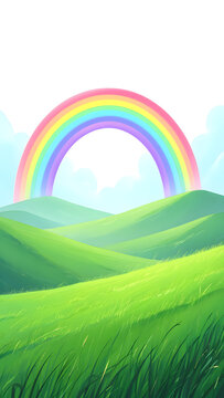Vibrant rainbow arches over lush green rolling hills under a bright sky clouds
