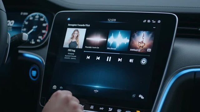 Woman Using Modern Car Infotainment System - Close-up view of a woman's hand interacting with a car's digital infotainment screen, showcasing its intuitive interface and modern features.