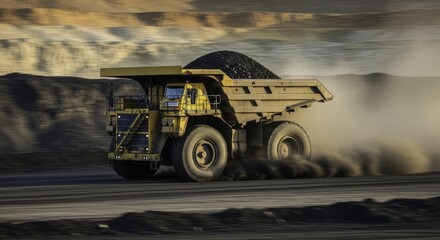 Massive yellow mining dump truck, loaded with coal, driving through a dusty open-pit mine at sunset, creating a dynamic scene with motion blur and atmospheric dust trails.
