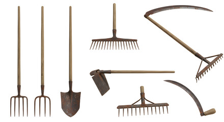 FARMING - Set of vintage farming tools including pitchforks, shovels, rakes, and hoes isolated on white background, perfect for agricultural and gardening projects
