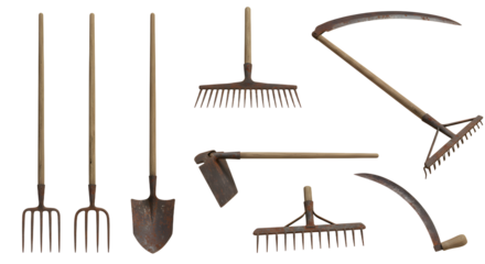 FARMING - Set of vintage farming tools including pitchforks, shovels, rakes, and hoes isolated on white background, perfect for agricultural and gardening projects