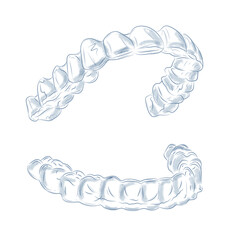 Dental whitening tray for upper and lower teeth illustration drawing in graphic style with blue on white background.